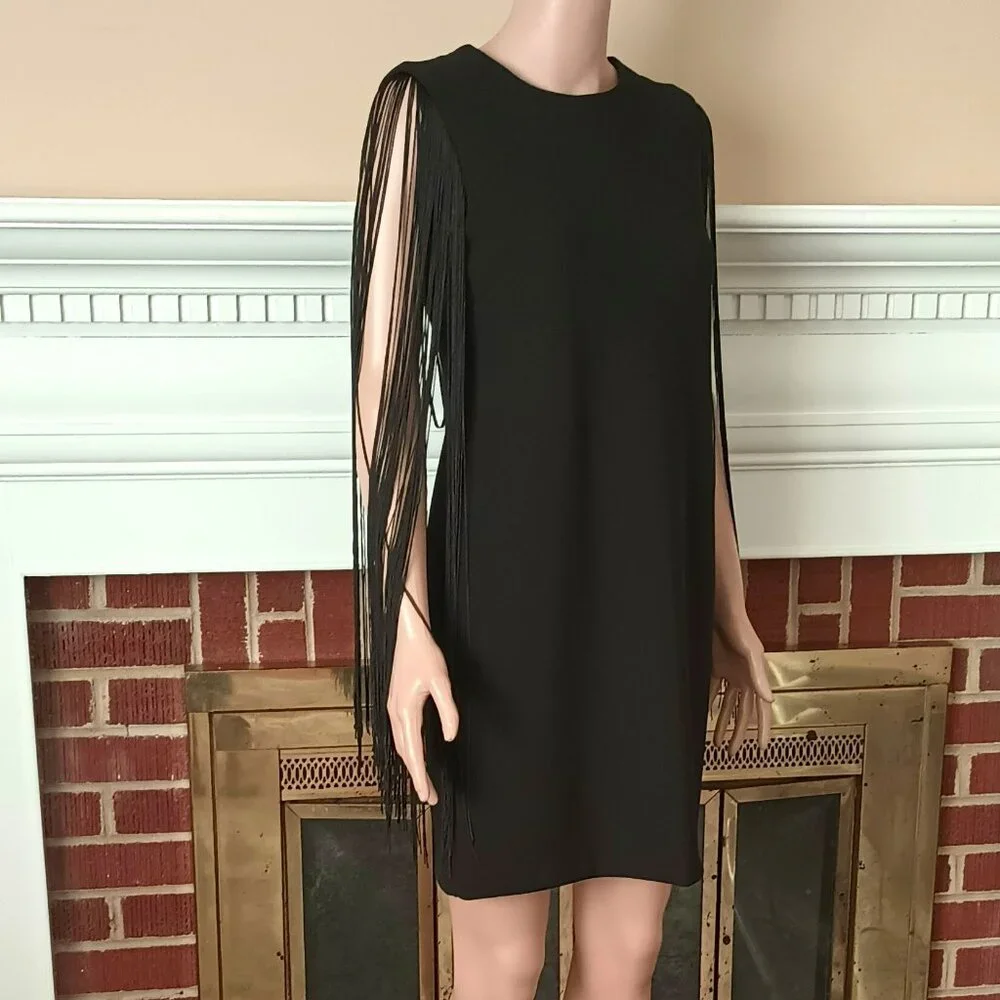 Taylor Fringe Sleeve Sheath Dress 4 Women's Black Evening Cocktail. Stretch